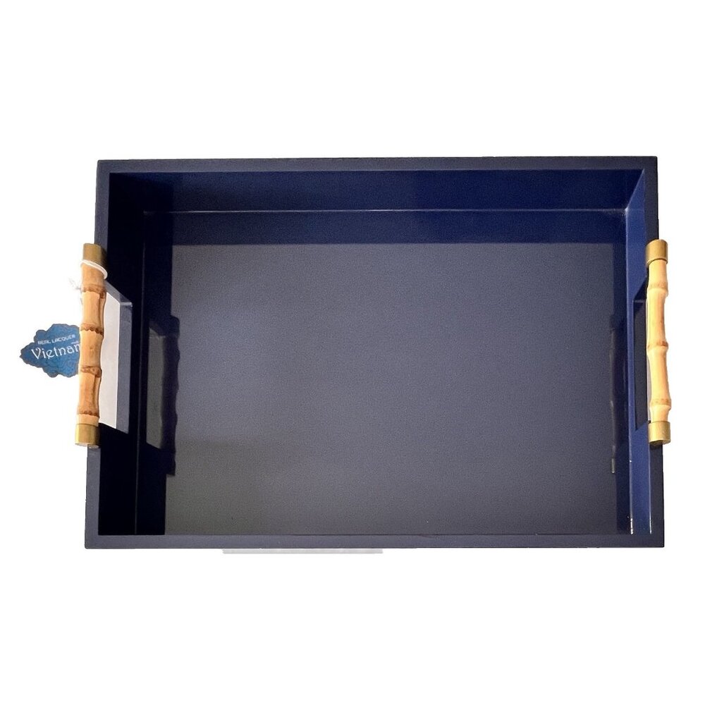 High Gloss Lacquered Tray Navy Blue Bamboo Handles Acrylic Serving Beverage